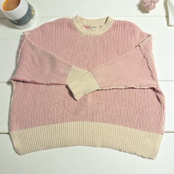 Takara Sweaters - Takara Pink and Cream Crew Neck Sweater